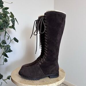 Vintage 90s 2000s knee high tall, rounded toe, low heel boots, lace up details